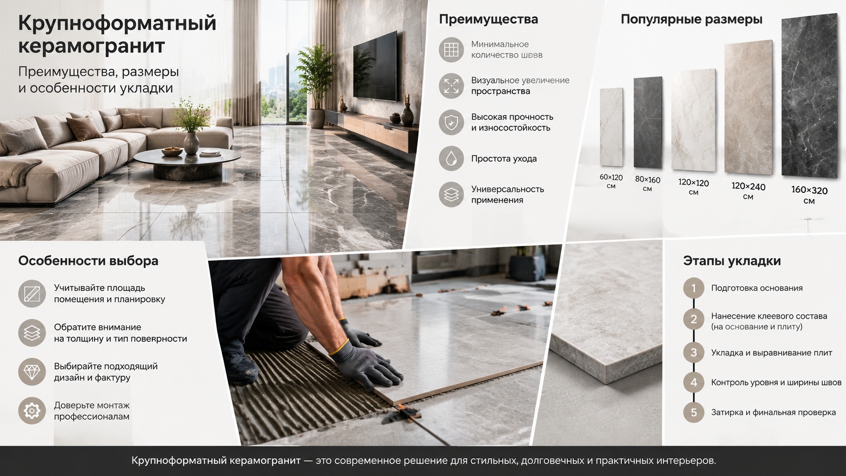 Крупноформатный керамогранит: преимущества, размеры и особенности укладки